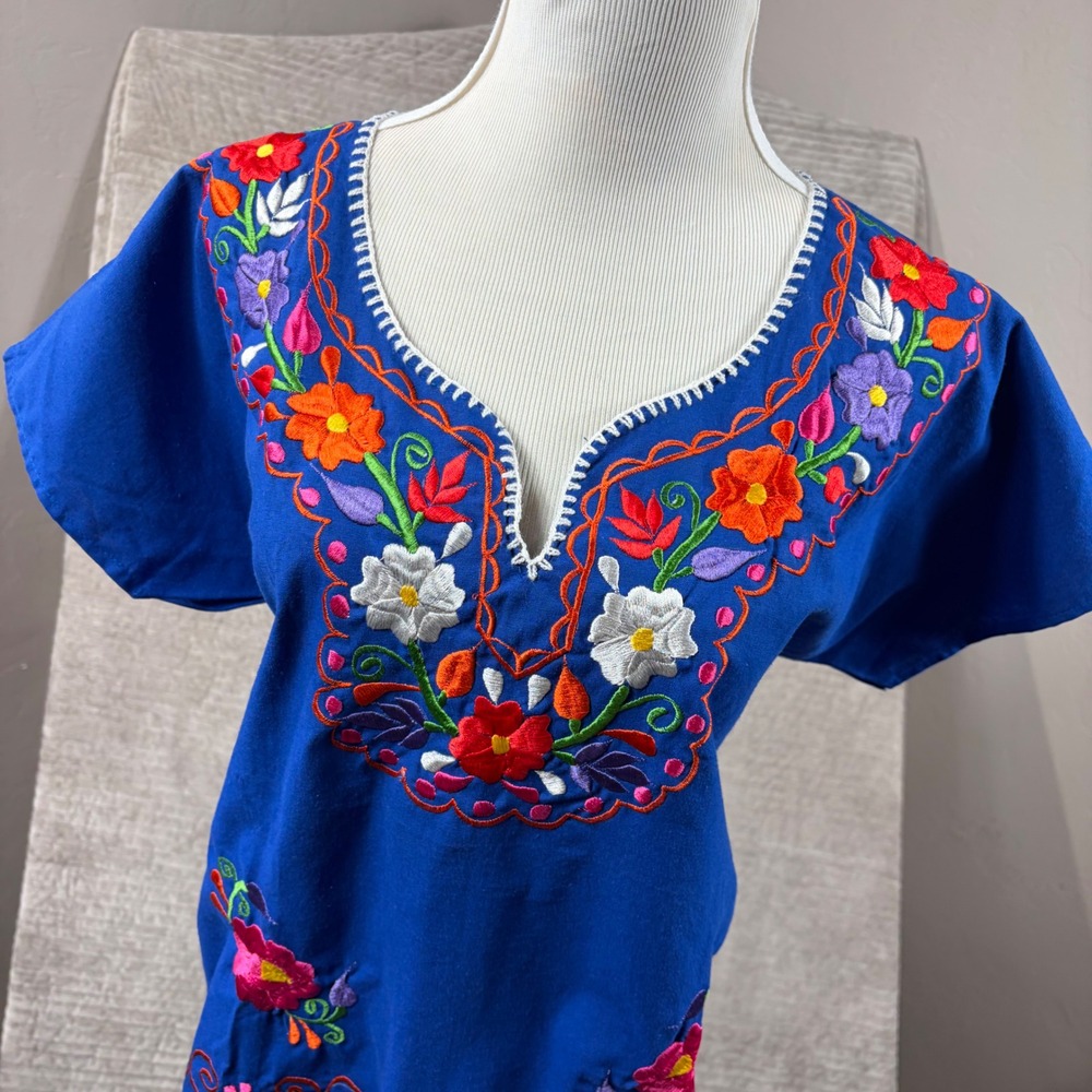 Mexican Floral Embroidered Tunic Top Royal Blue Boho Peasant Blouse Short Sleeve